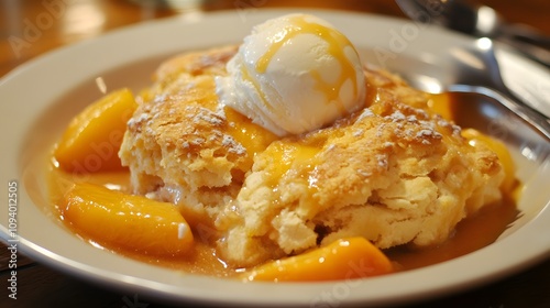 32. Peach cobbler with a golden biscuit topping, served warm with vanilla ice cream photo