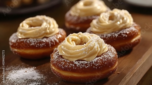 38. Cream-filled doughnuts with a powdered sugar dusting, served on a wooden board