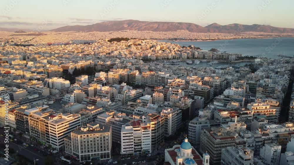 Vídeo aéreo em alta definição mostrando o centro urbano da cidade de Atenas, na Grécia, em um dia ensolarado, destacando a combinação única de história e modernidade