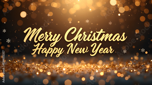 Merry Christmas and Happy New Year Golden Glitter Background. Festive Holiday Concept.