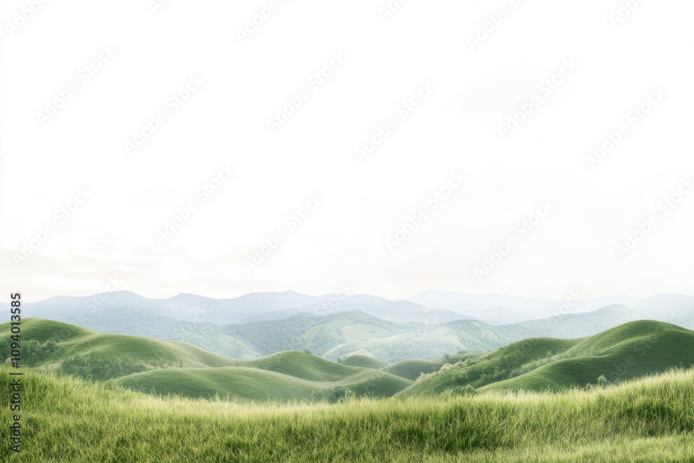 Rolling green hills create a tranquil panorama, blending seamlessly into the horizon under soft lighting. The isolated landscape exudes calmness and natural beauty Rolling green hills create a tranquil panorama, blending seamlessly into the horizon under soft lighting. The isolated landscape exudes calmness and natural beauty