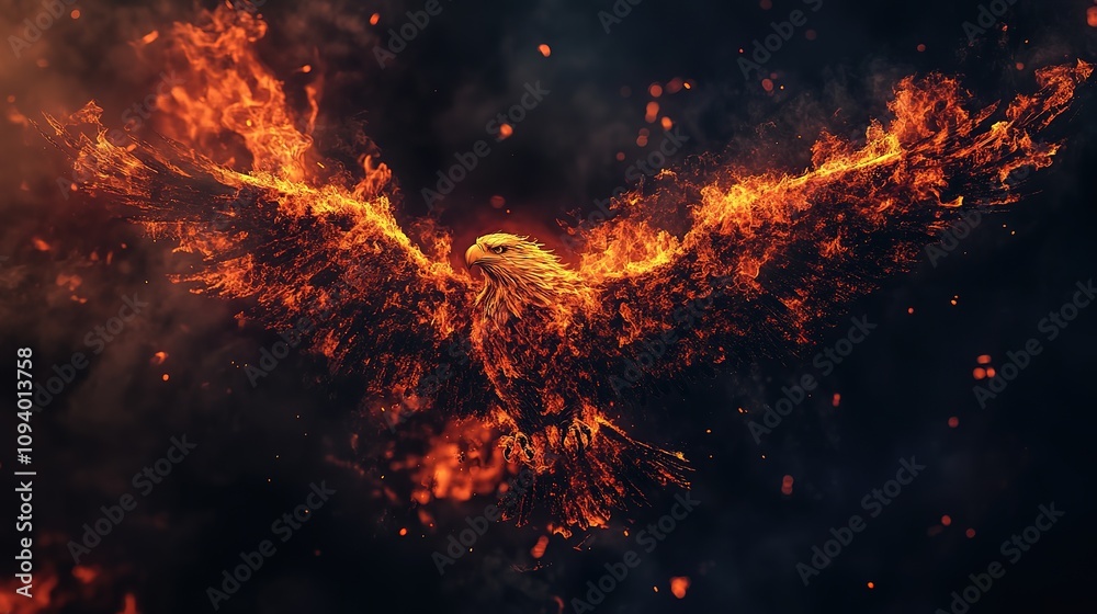 Fiery eagle in flight, wings ablaze, dark background. Fiery eagle in flight, wings ablaze, dark background.