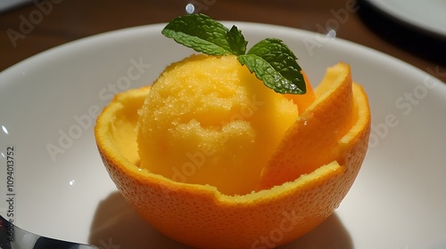 58. Orange sorbet served in a hollowed-out orange shell with a sprig of mint