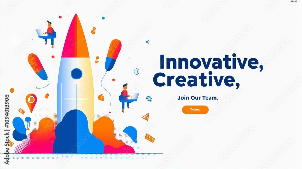 startup hiring concept. A vibrant illustration of a rocket symbolizing innovation and creativity, ideal for team recruitment and motivation.