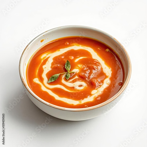 tomato soup with basil isolated on a white  background for web, print or creative projects photo