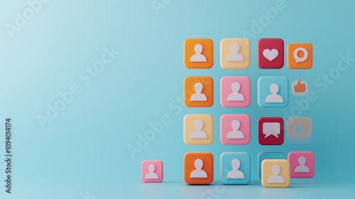 startup hiring concept. Colorful user icons on a serene blue background, symbolizing social connections and digital communication.