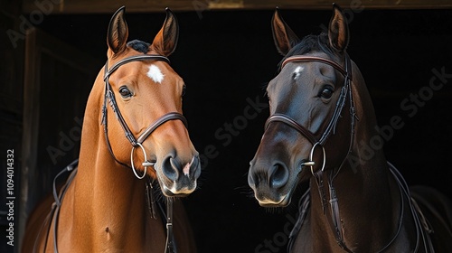 Professional portrait of two polo ponies in stable, wearing bridles, showcasing elegance, partnership, and equestrian discipline against a dark background  photo