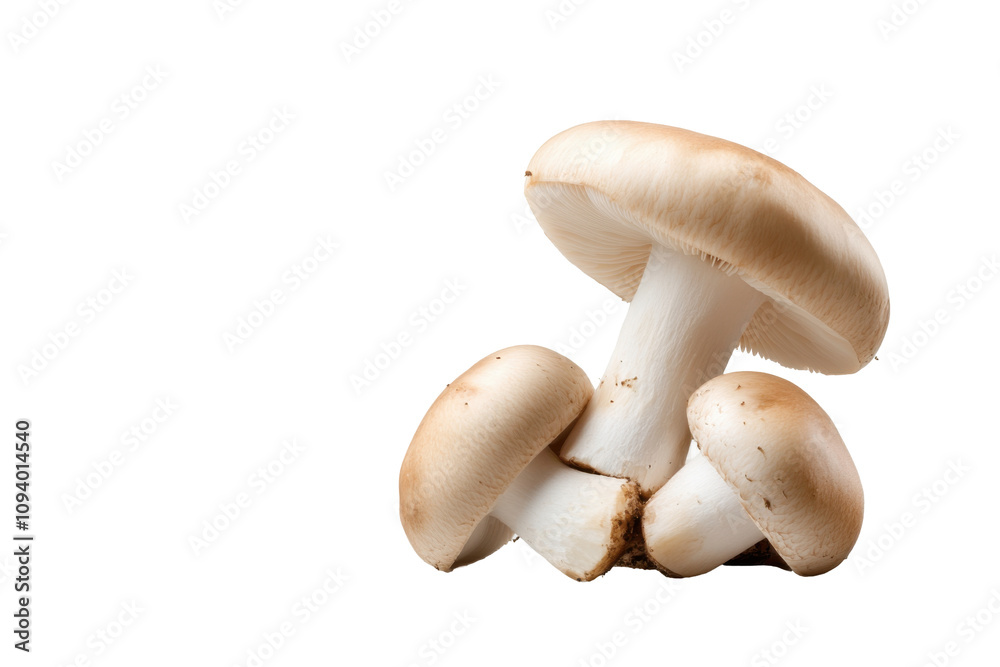 Three oyster mushrooms exhibit their smooth caps and sturdy stems against a white background, emphasizing their unique textures and shapes, perfect for culinary uses and presentations