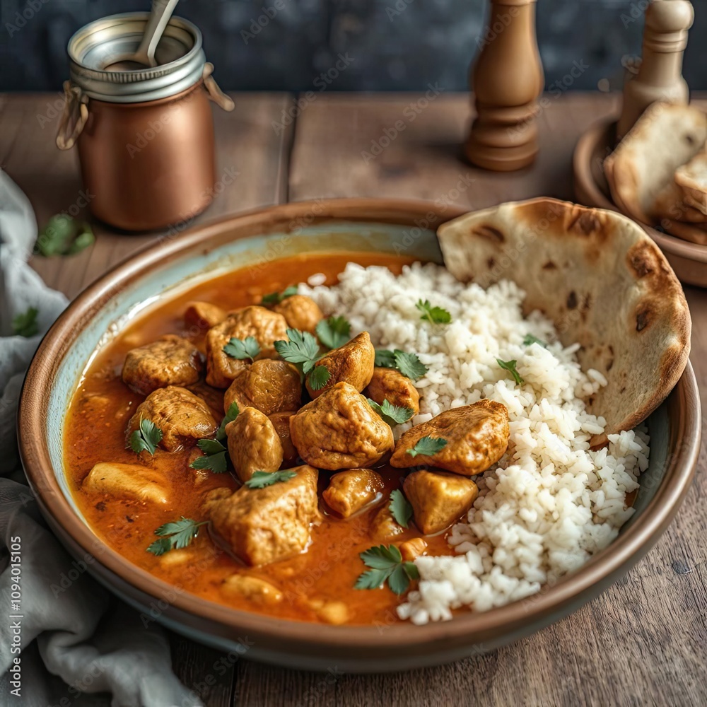 chicken curry with rice isolated on a white  background for web, print or creative projects