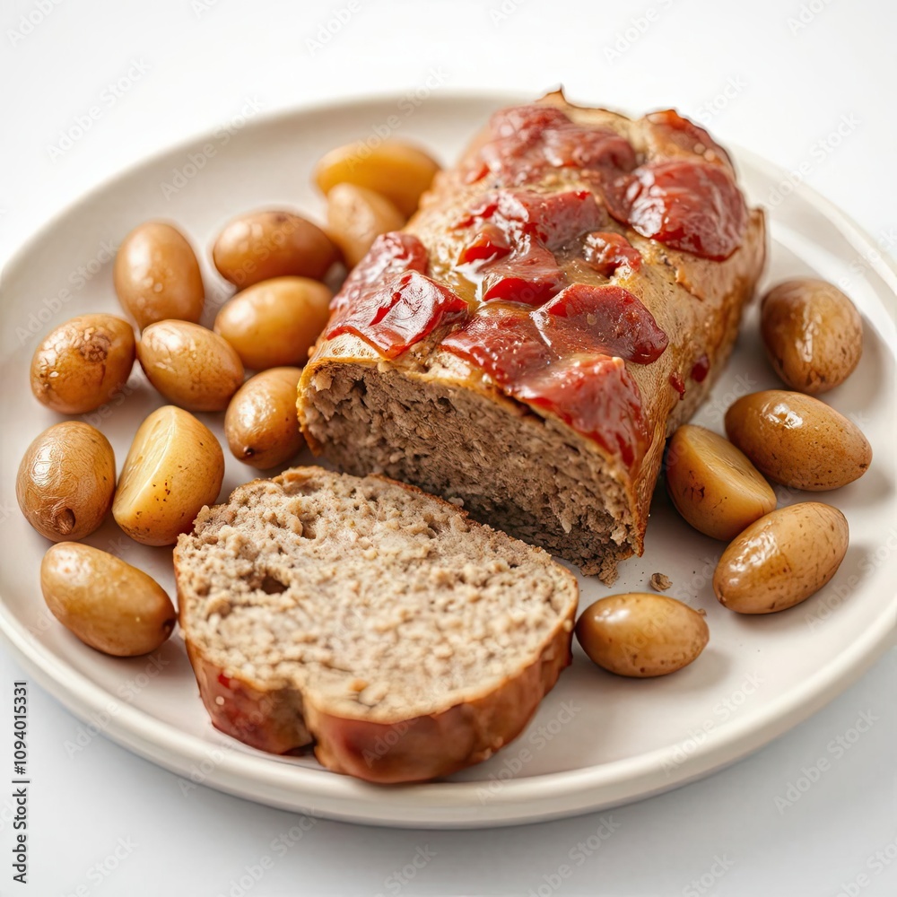 meat loaf with potatoes isolated on a white background for web, print or creative projects meat loaf with potatoes isolated on a white background for web, print or creative projects