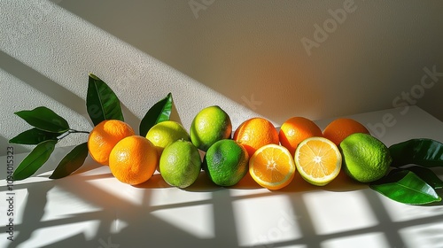 Fresh citrus fruits arrangement natural light still life photography modern kitchen close-up view vibrant colors for health benefits photo