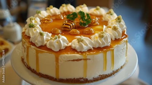 93. Honey cake with layers of cream and honey drizzle on top