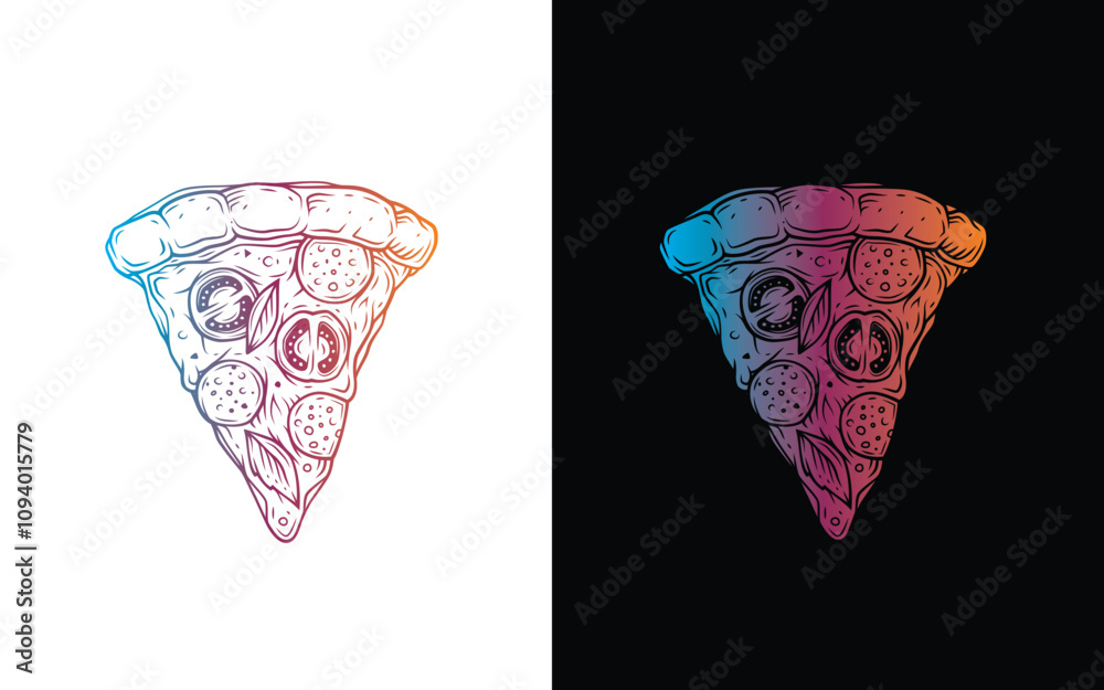 A slice of pizza with salami, cheese and tomatoes. Original vector illustration in vintage style. T-shirt design. A slice of pizza with salami, cheese and tomatoes. Original vector illustration in vintage style. T-shirt design.