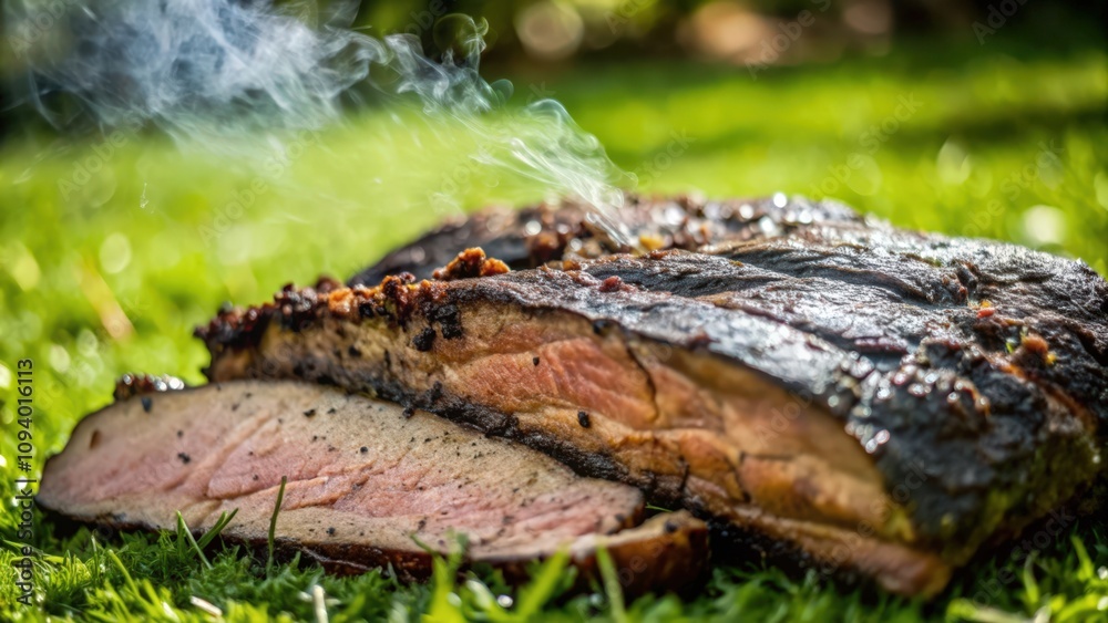 Sliced Smoked Meat with Smoke Rising Over Green Grass Sliced Smoked Meat with Smoke Rising Over Green Grass