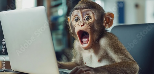 A startled monkey looking up from a laptop in a corporate office.