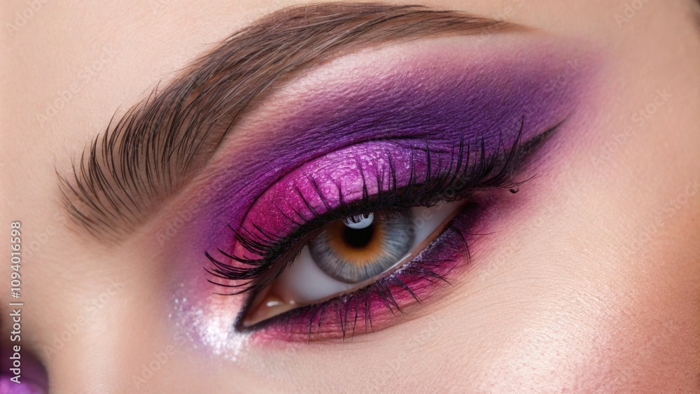 An upclose view of an eye emphasized by neon eyeshadow in rich purples and lilacs. The colors effortlessly fade into each other while the inner corner shines with a shimmering An upclose view of an eye emphasized by neon eyeshadow in rich purples and lilacs. The colors effortlessly fade into each other while the inner corner shines with a shimmering