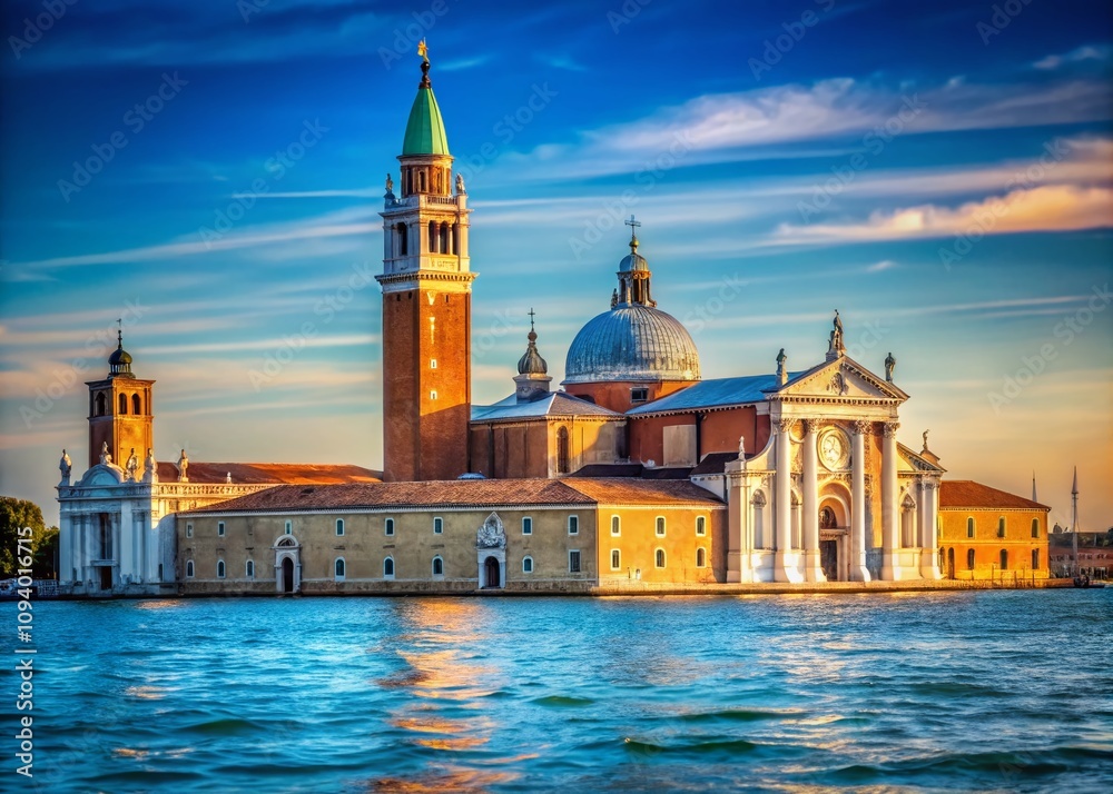 Fototapeta premium Stunning Architectural View of San Giorgio Maggiore Island in Venice, Showcasing its Majestic Facade and Serene Surroundings Under a Clear Blue Sky
