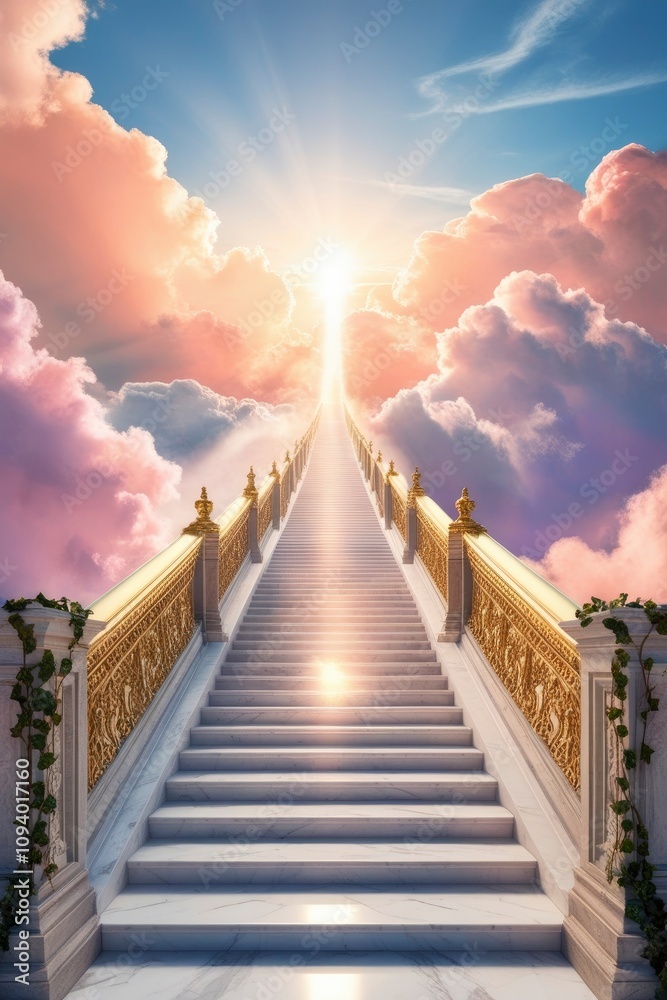 Obraz premium A majestic stairway, crafted from gleaming white marble, ascends to the heavens, its delicate banisters vanishing into the vibrant hues of dawn as the sun rises over the horizon. The stairs are , ai