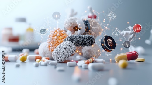 Abstract Composition of Colorful Pills and Capsules Surrounded by Medical Icons and Graphics Representing Health, Medicine, and Pharmacology