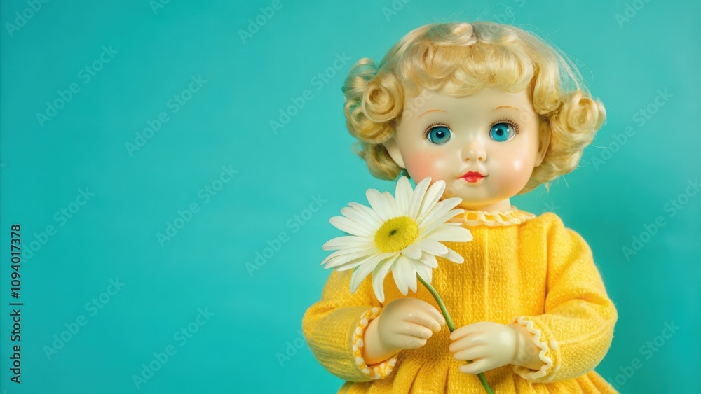 Fototapeta premium Vintage Blonde Doll Holding a Daisy in Front of a Turquoise Background
