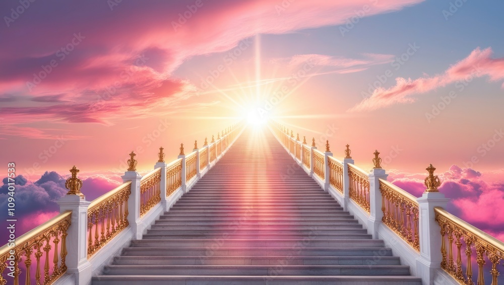 Fototapeta premium A majestic stairway, crafted from gleaming white marble, ascends to the heavens, its delicate banisters vanishing into the vibrant hues of dawn as the sun rises over the horizon. The stairs are , ai