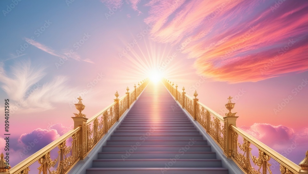Fototapeta premium A majestic stairway, crafted from gleaming white marble, ascends to the heavens, its delicate banisters vanishing into the vibrant hues of dawn as the sun rises over the horizon. The stairs are , ai