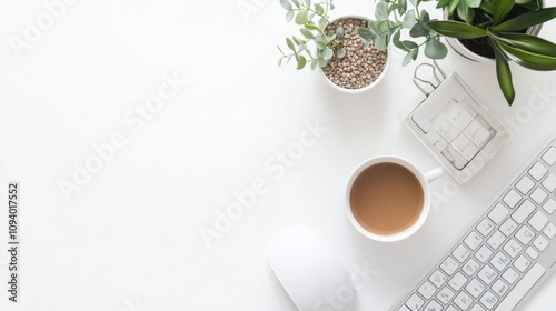 Modern Computer Setup with White Background and Greenery
