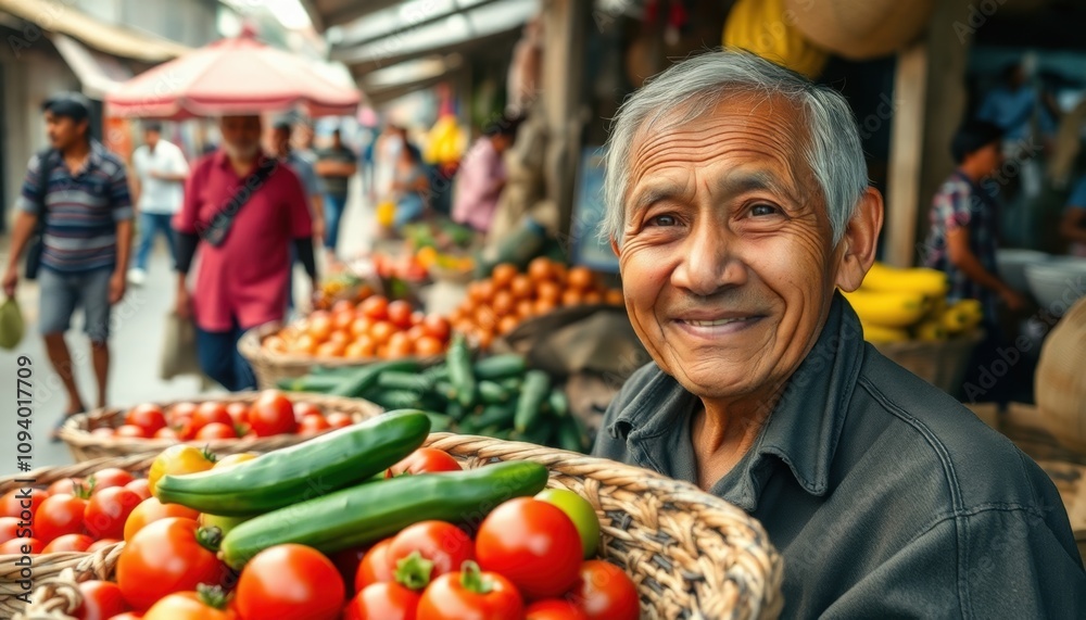 A grandfather with a background in a traditional market and in front of him there are vegetables A grandfather with a background in a traditional market and in front of him there are vegetables