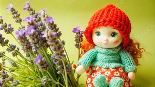 A Knitted Doll with Lavender Flowers and Green Background