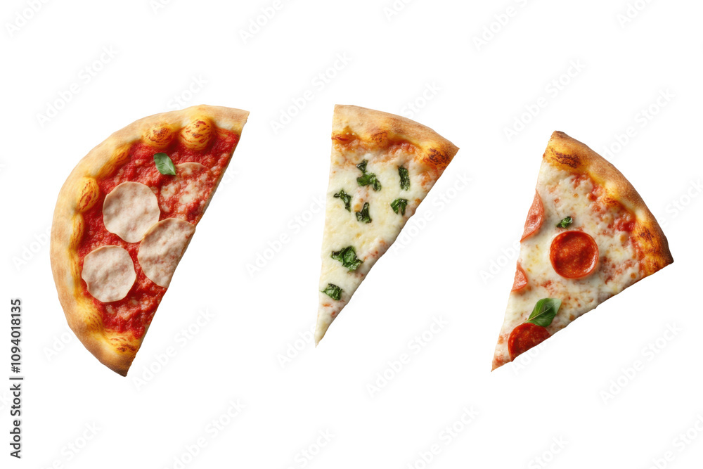 Three slices of margherita pizza with vibrant tomato sauce, creamy mozzarella cheese, and fresh basil arranged on a clean, white background. Perfect for showcasing Italian culinary simplicity Three slices of margherita pizza with vibrant tomato sauce, creamy mozzarella cheese, and fresh basil arranged on a clean, white background. Perfect for showcasing Italian culinary simplicity