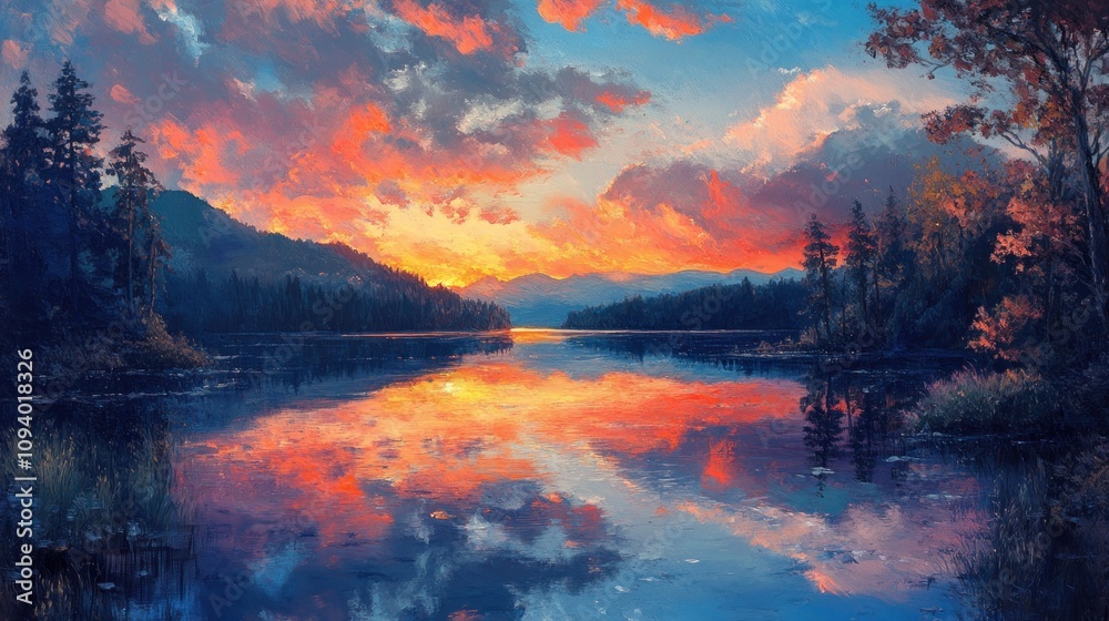 A serene sunset over a tranquil lake, reflecting vibrant colors and surrounded by nature. A serene sunset over a tranquil lake, reflecting vibrant colors and surrounded by nature.