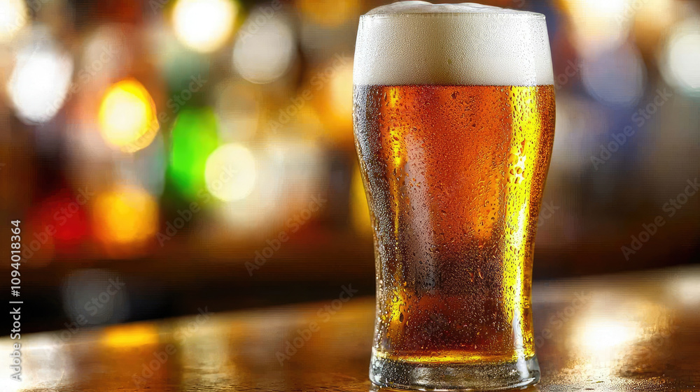 refreshing pint of beer on bar counter, glowing in warm light refreshing pint of beer on bar counter, glowing in warm light