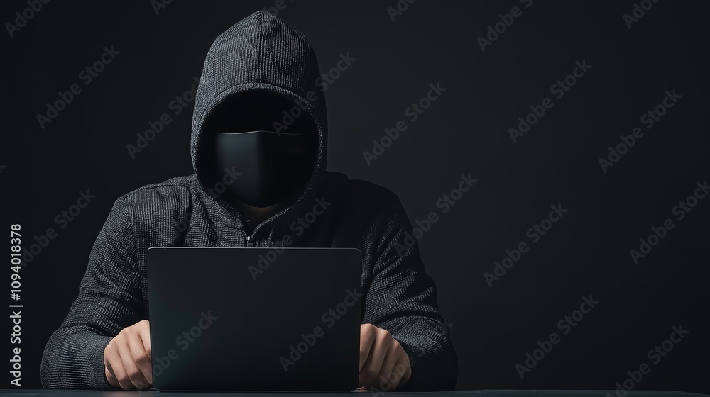 privacy data protection sensitive concept. Anonymous person in a hoodie working on a laptop, dark background, mystery atmosphere.