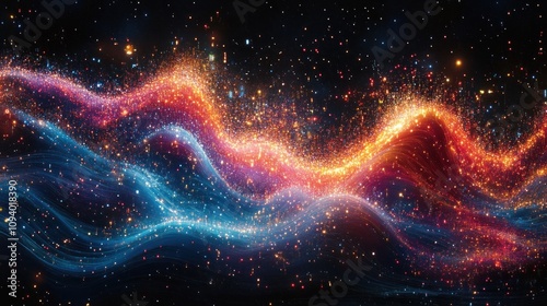 Abstract cosmic waves of light and color representing energy and movement in space.