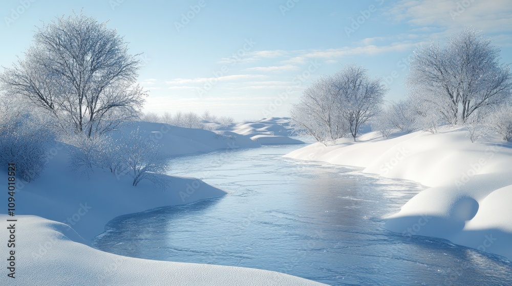 A serene winter landscape featuring a river surrounded by snow-covered hills and frosty trees.