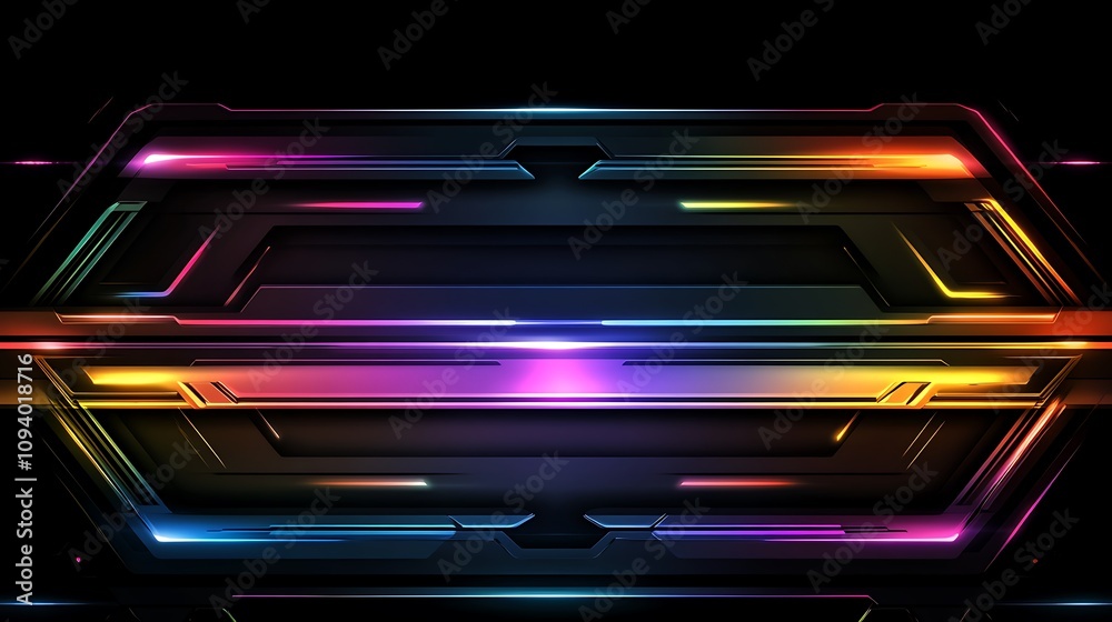 Abstract colorful glowing lines and shapes on dark background.