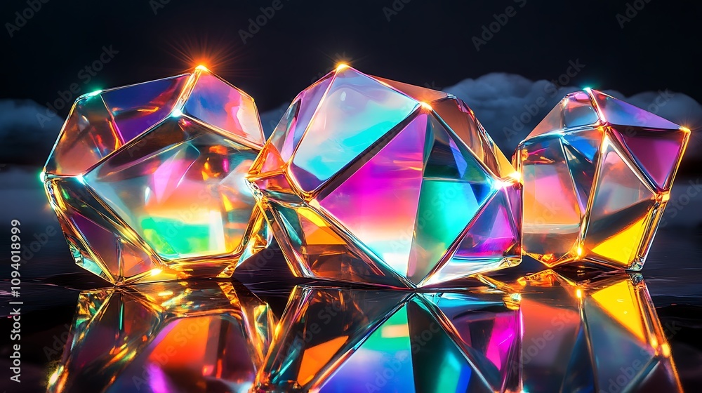 Iridescent, faceted gems glow on reflective surface, dark background. Iridescent, faceted gems glow on reflective surface, dark background.