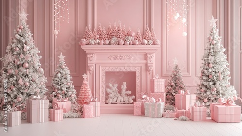 elegant pink Christmas window backdrop with a fireplace, a Christmas tree on each side of the fireplace, and pink presents and design shopping
