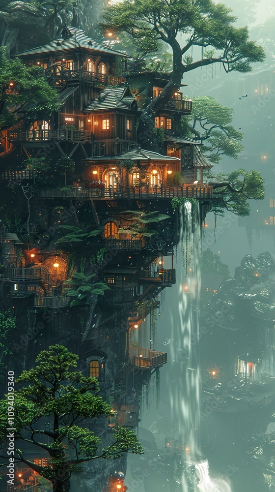 Enchanted Treehouse on a Cliffside Waterfall: A Fantasy Architecture Dream