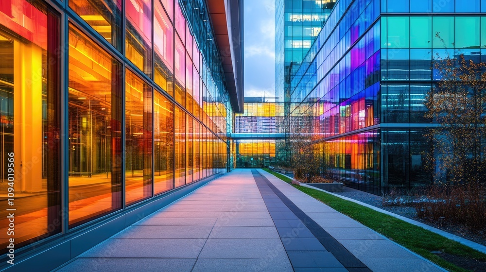 A brightly lit urban pathway reflects shimmering colors as dusk falls over the glass facade of a modern office building. A brightly lit urban pathway reflects shimmering colors as dusk falls over the glass facade of a modern office building.