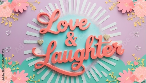 3D rendered text "Love & Laughter" with pastel colors and floral elements.