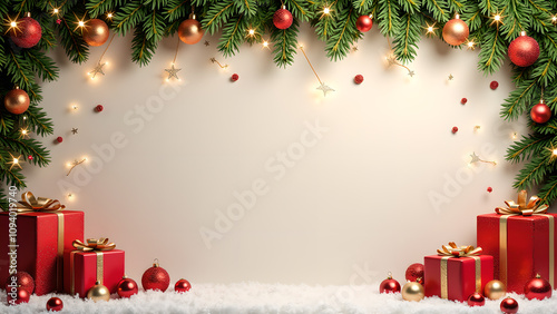 Christmas Festive Background with Gifts and Decorations. Concept of celebration, joy, and winter holidays.