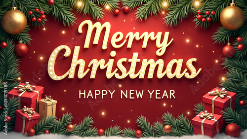 Merry Christmas and Happy New Year greeting card with fir branches and gifts. Holiday concept.