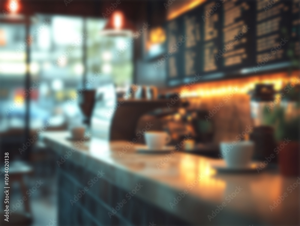 Coffee cups on the counter at a cafe, warm light background, natural bokeh.Selection focus and copy space.
