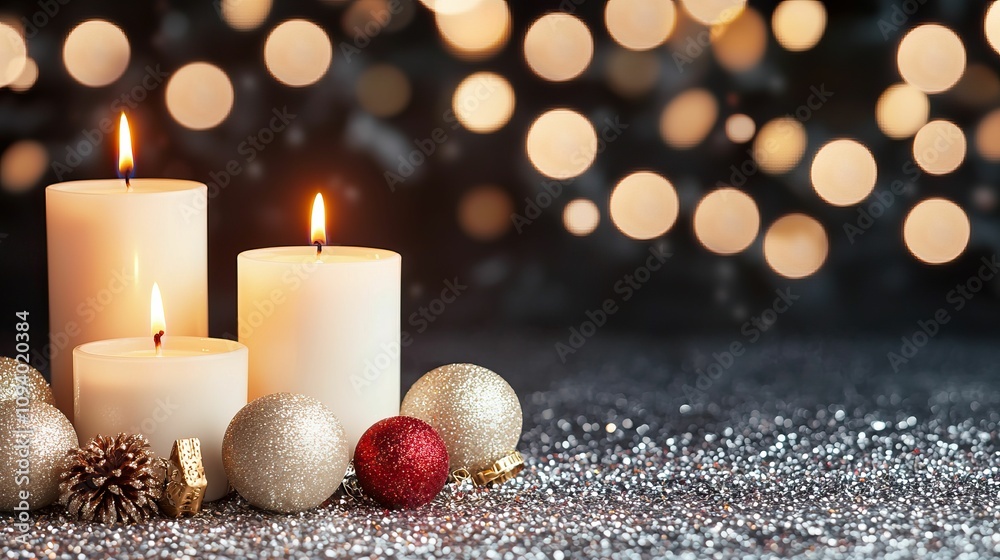 Happy new year mockup product, New year mockup product concept, Three glowing candles surrounded by festive ornaments and shimmering glitter create a warm, cozy atmosphere for the holiday season. Happy new year mockup product, New year mockup product concept, Three glowing candles surrounded by festive ornaments and shimmering glitter create a warm, cozy atmosphere for the holiday season.