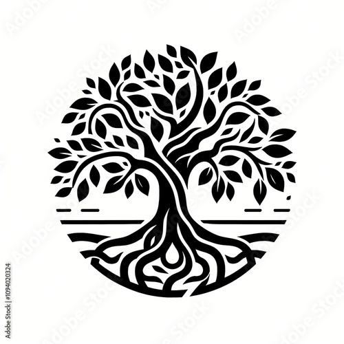 Black and white illustration of a tree of life with intricate roots and leaves within a circle.