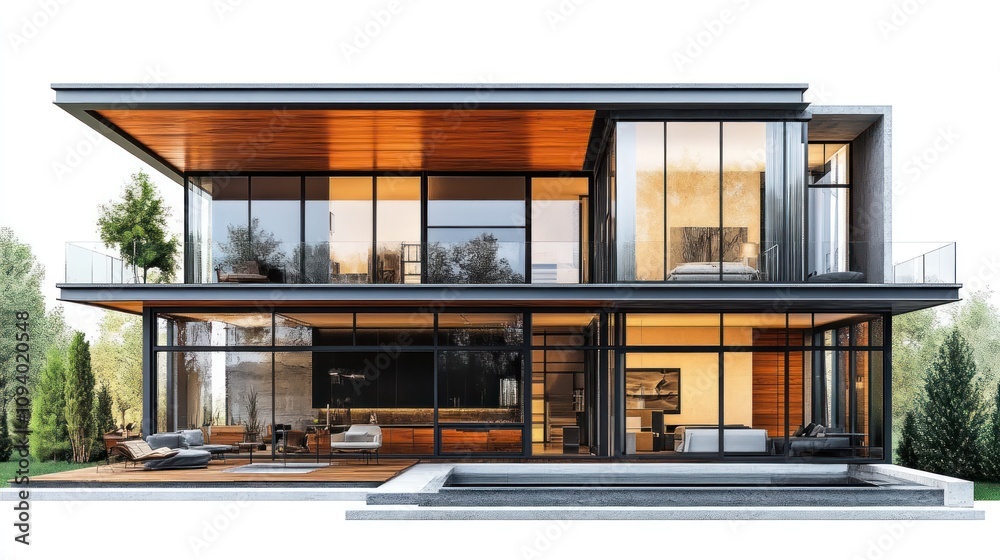 Modern glass house with sleek design, outdoor space, and pool for leisure and relaxation. Modern glass house with sleek design, outdoor space, and pool for leisure and relaxation.
