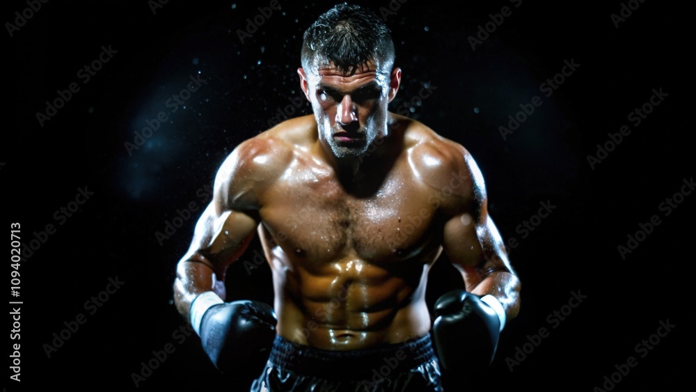 A Muscular Boxer with Black Gloves Against a Dark Background A Muscular Boxer with Black Gloves Against a Dark Background
