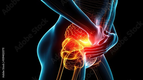 gripping their stomach in pain The image focuses on the physical posture and the hand gripping the stomach with a red glow around the abdomen indicating the pain.