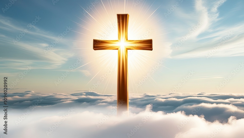 A majestic Christian cross radiates brilliance against a serene sky background, with soft, wispy clouds scattered across the horizon, as if kissed by the gentle light of divine love, hope, ai A majestic Christian cross radiates brilliance against a serene sky background, with soft, wispy clouds scattered across the horizon, as if kissed by the gentle light of divine love, hope, ai